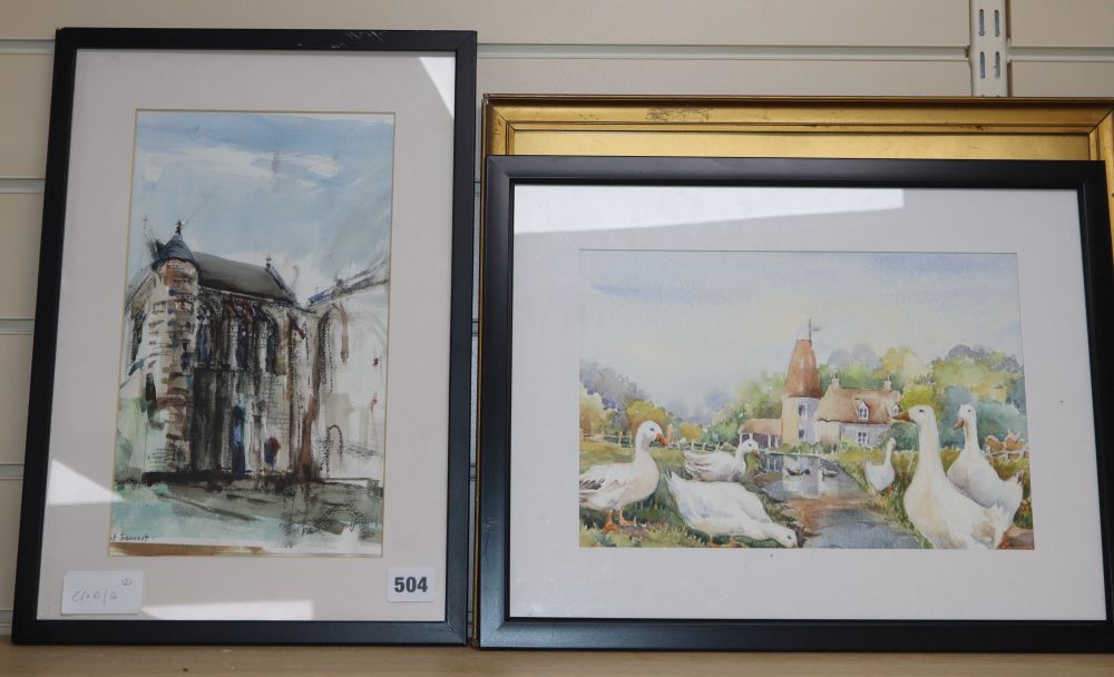 English School, two watercolours, View of Chartres Cathedral and Study of ducks, 31 x 18cm and 20 x 30cm and a colour print, after F. R